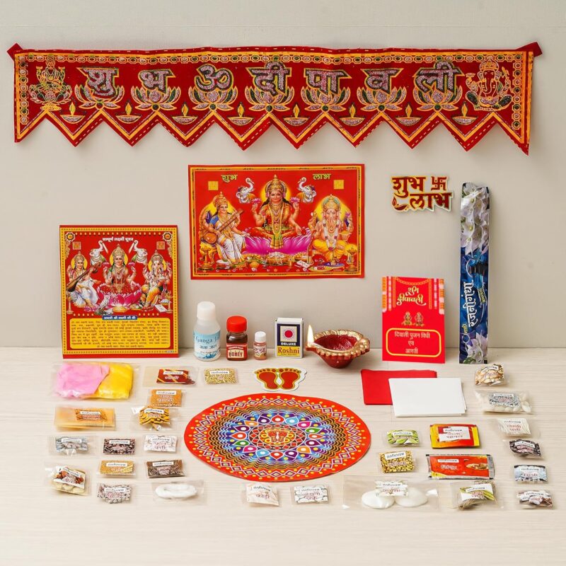 iinfinize Diwali Pooja Whole Kit 41 Items Mahalakshmi Pujan Samagri with Poster Home and Office Deepawali Puja Vidhi