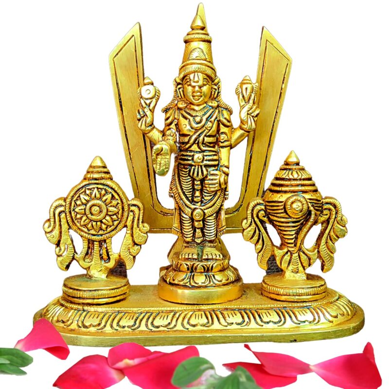 Anciently Brass Shankh Chakra Stand with Perumal Idol | Sangu Chakram Stand with Tirupati Balaji Idol | Tirupati Balaji Murti Brass, Height 12.5 CM Gold Colour 1 Piece