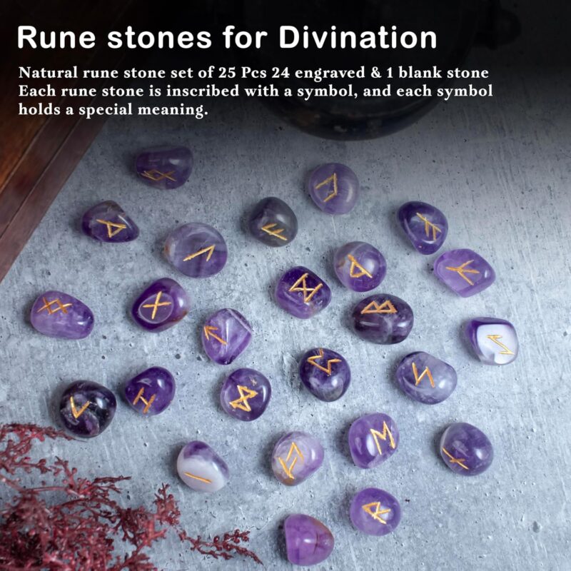 Crocon Amethyst Natural Gemstone Crystal 25 pcs Engraved Rune Stones for Chakra Balancing Reiki Healing Feng Shui Home Office Decor Size: 15-20 mm