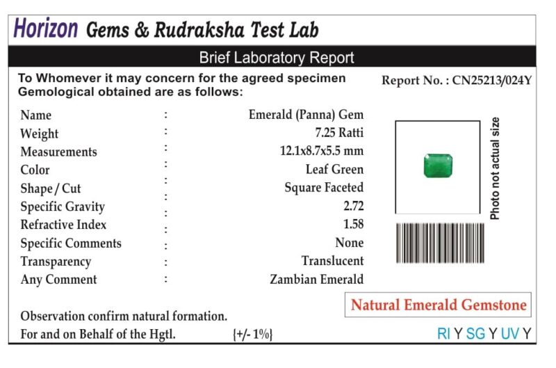 Takshila Gems® Natural Square Shape Emerald Gemstone Lab Certified 7.25 Ratti / 6.52 Carat Emerald Stone Panna Stone