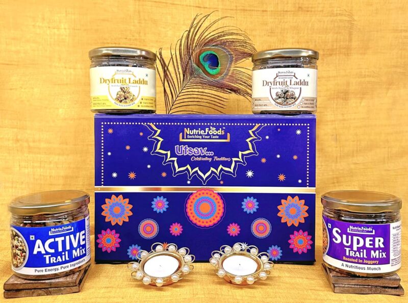 "NUTRIEFOODS" Enriching Your Taste Utsav-Celebrating Traditions Gift Hamper with Dryfruit Trail Mixes- Super Trail Mix, Active Trail Mix and Dryfruit Laddus Butterscotch Laddu and No Added Sugar Laddu, 2 Diya and Reusable Box, Festive Hamper