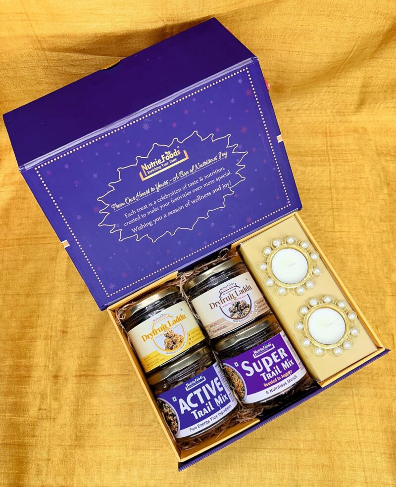 "NUTRIEFOODS" Enriching Your Taste Utsav-Celebrating Traditions Gift Hamper with Dryfruit Trail Mixes- Super Trail Mix, Active Trail Mix and Dryfruit Laddus Butterscotch Laddu and No Added Sugar Laddu, 2 Diya and Reusable Box, Festive Hamper