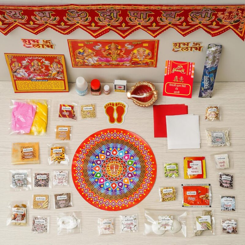 iinfinize Diwali Pooja Whole Kit 41 Items Mahalakshmi Pujan Samagri with Poster Home and Office Deepawali Puja Vidhi