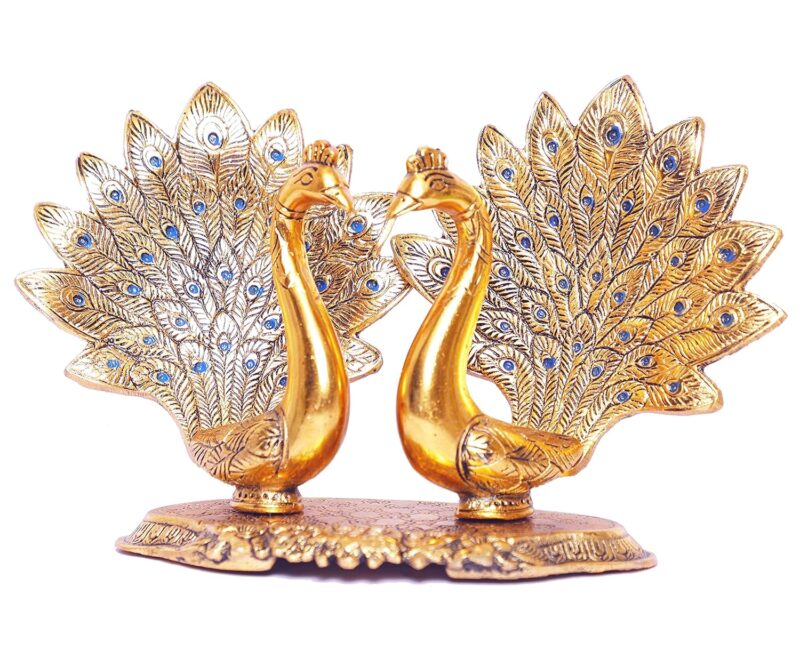 KridayKraft Metal Double Lovers Peacock Statue, Showpiece Figurine- Standard, Gold, 25 Cm, 16 Cm