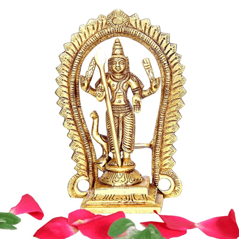 anciently Brass Murugan Idol/Lord Kartikeya Statue/Subrahmanya Swami Idol, 12.5cm Height, Gold Colour - (1 Piece)