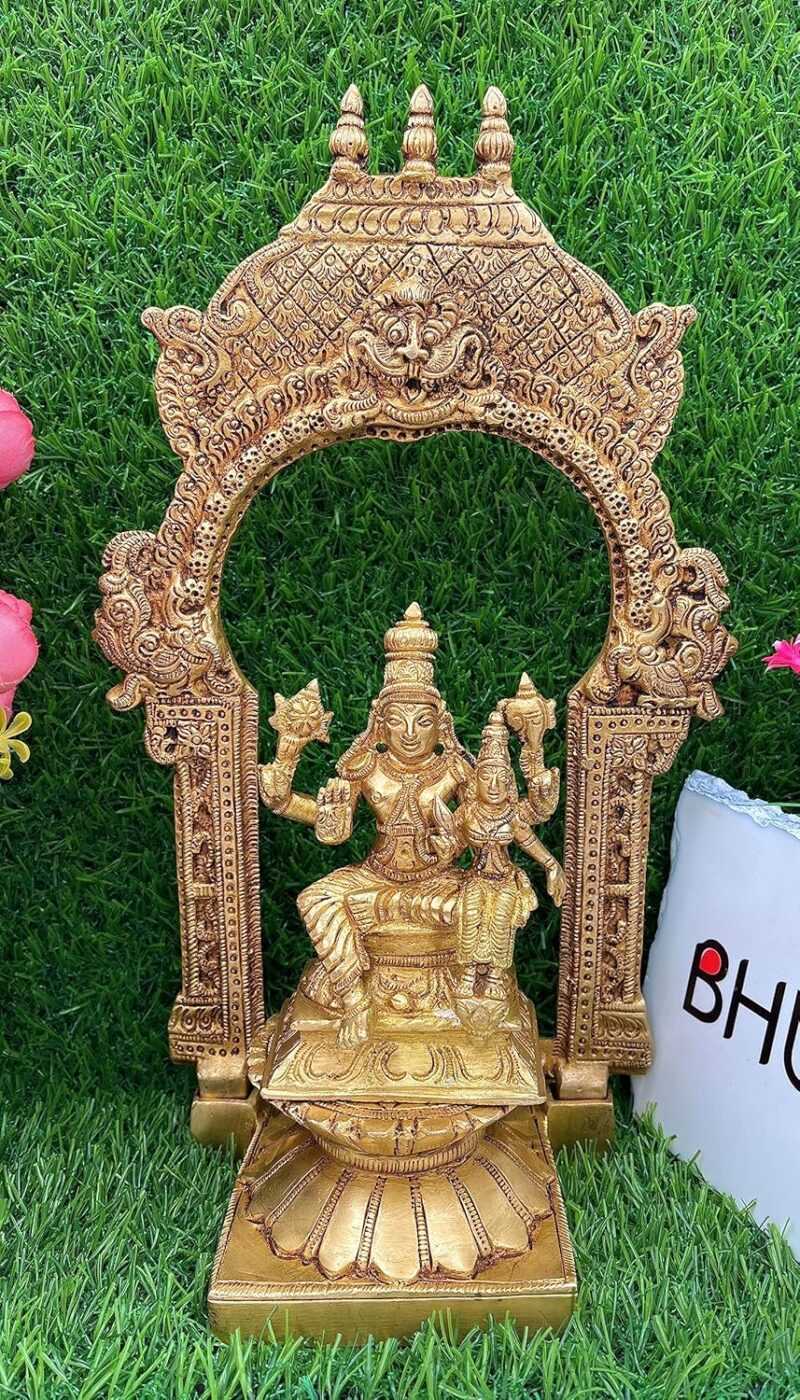 Bhunes Brass Lord Vishnu Idols with Chowki, Narayan Ji Ki Murti, Lakshminarayan, Lakshmi Narayan, Vishnu Laxmi On Lotus Chowki with Temple Shaped Prabhavali,Gold, 10.5 Inch, 1 Piece