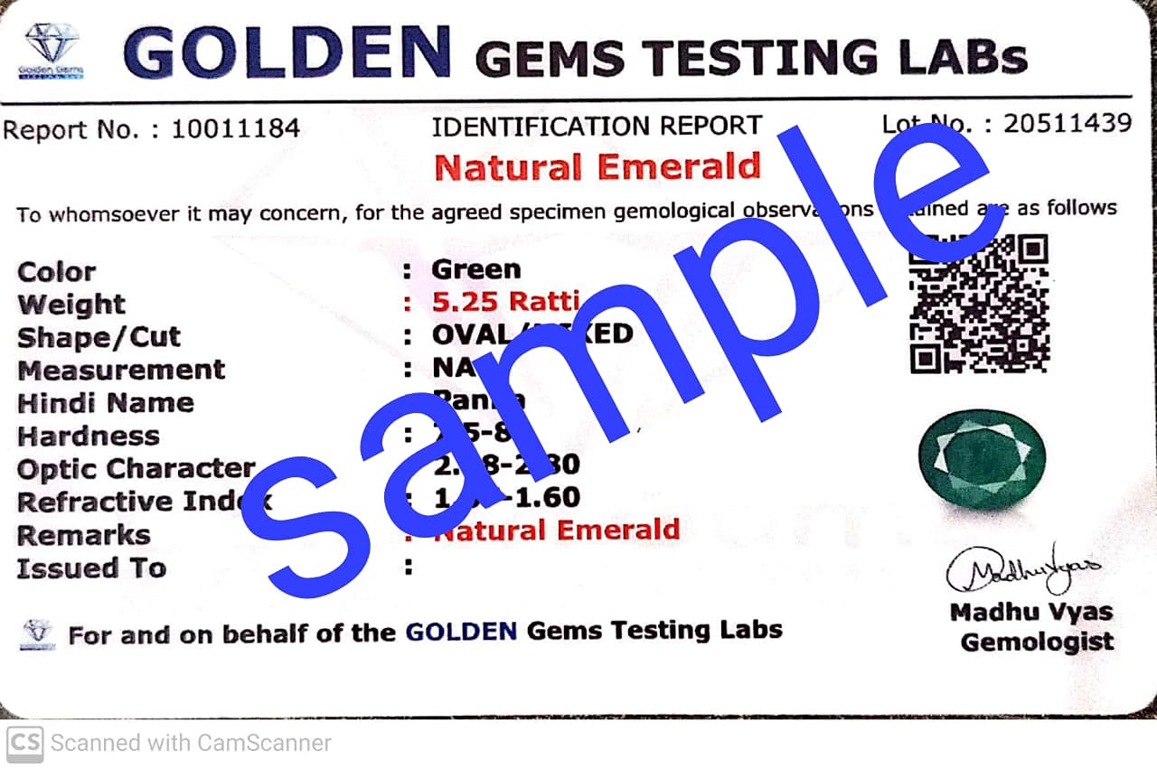 Anuj Sales 3.50 Carat / 4.25 Ratti Astrologer Certified Zambian Emerald/Panna Earth Mind Stone Natural Certified Original AAA++ Quality Loose Gemstone