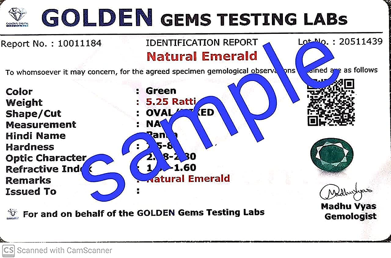 JAGDAMBA GEMS 6.75 Carat / 7.25 Ratti Zambian Emerald/Panna Earth Mind Stone Unheated Untreated Natural Original Certified AAA++ Quality for Men and Women {Lab Approved}