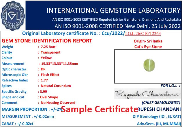 6.55 Carat Cat Eye Stone Original Certified 7.50 Ratti Chrysoberyl Stone Lehsunia Gemstone कैट आई स्टोन Cats Eye Stone Pendant लहसुनिया नग वैदूर्यम रत्न Lehsuniya Stone By IRIS GEMS - Image 4