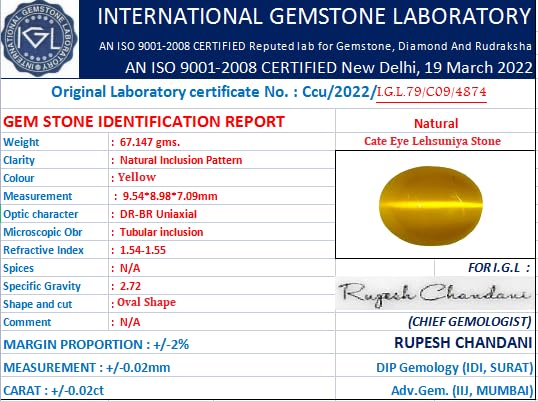 GemsTech Natural Srilanka Cats Eye Stone Original Certified Pure Yellow Cats Eye Lehsuniya Stone Ketu Ratan Lahsuniya Vaiduryam Gemstone Chrysoberyl Cats Eye Stone For Ring लहसुनिया रत्न ओरिजिनल - Image 4