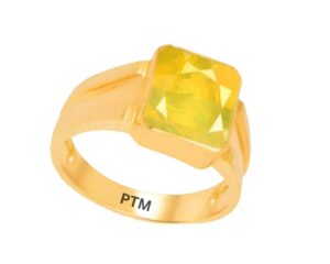 Ptm Panchdhatu (5 metals) Yellow Sapphire (Pukhraj) 22k Gold Plated Ring 4.25 Ratti or 4 Cts Astrological Gemstone (Square Shape) for Men & Women