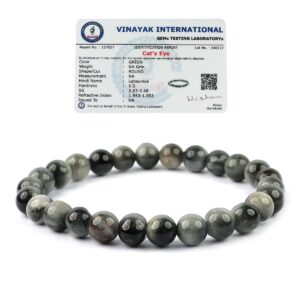 Crystu Certified Cats Eye Bracelet Natural Crystal Stone 8 mm Beads Bracelet Round Shape for Reiki Healing and Crystal Healing Stone For Unisex Adult (Color : Grey)