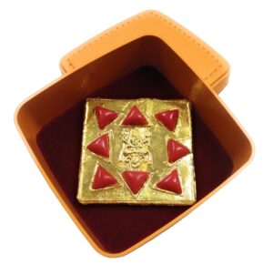Mangal Yantra with Munga/Moonga (Red Coral) Stone in Gold Plated for Pooja and Wealth/Business, Status & Prosperity