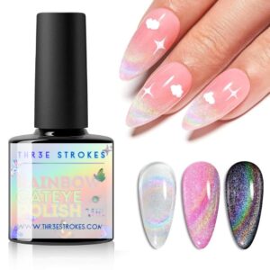 THR3E STROKES Rainbow Cat Eye Gel Nail Polish, 7.5ml Holographic 9D Sparkly Glitter Spring Gel Polish, Soak Off UV/LED Manicure Nail Art Designs, Flakie Finish