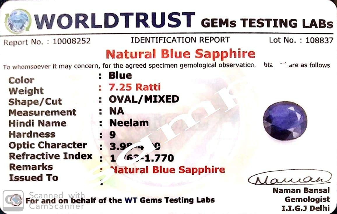 KirtiGems Ceylon Blue Sapphire Neelam 7.25 Ratti Cylone (Srilankan) Blue Sapphire{Shani} Neelam Gemstone