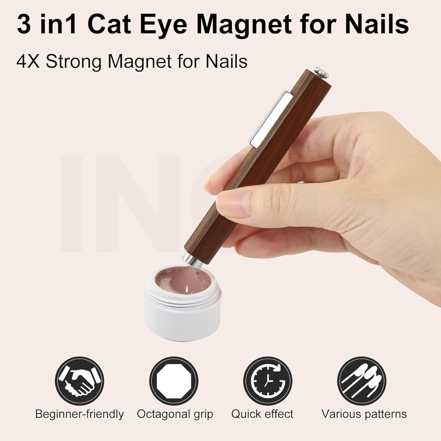 INOG 3 In 1 Nail Magnet, Multifunctional Cat Eye Gel Nail Polish Magnet with Octagonal Mahogany Shell Protective Cover for Cat Eye Nail Art Design (Black Walnut)(3 in 1 Nail Magnet Pen) - Image 5