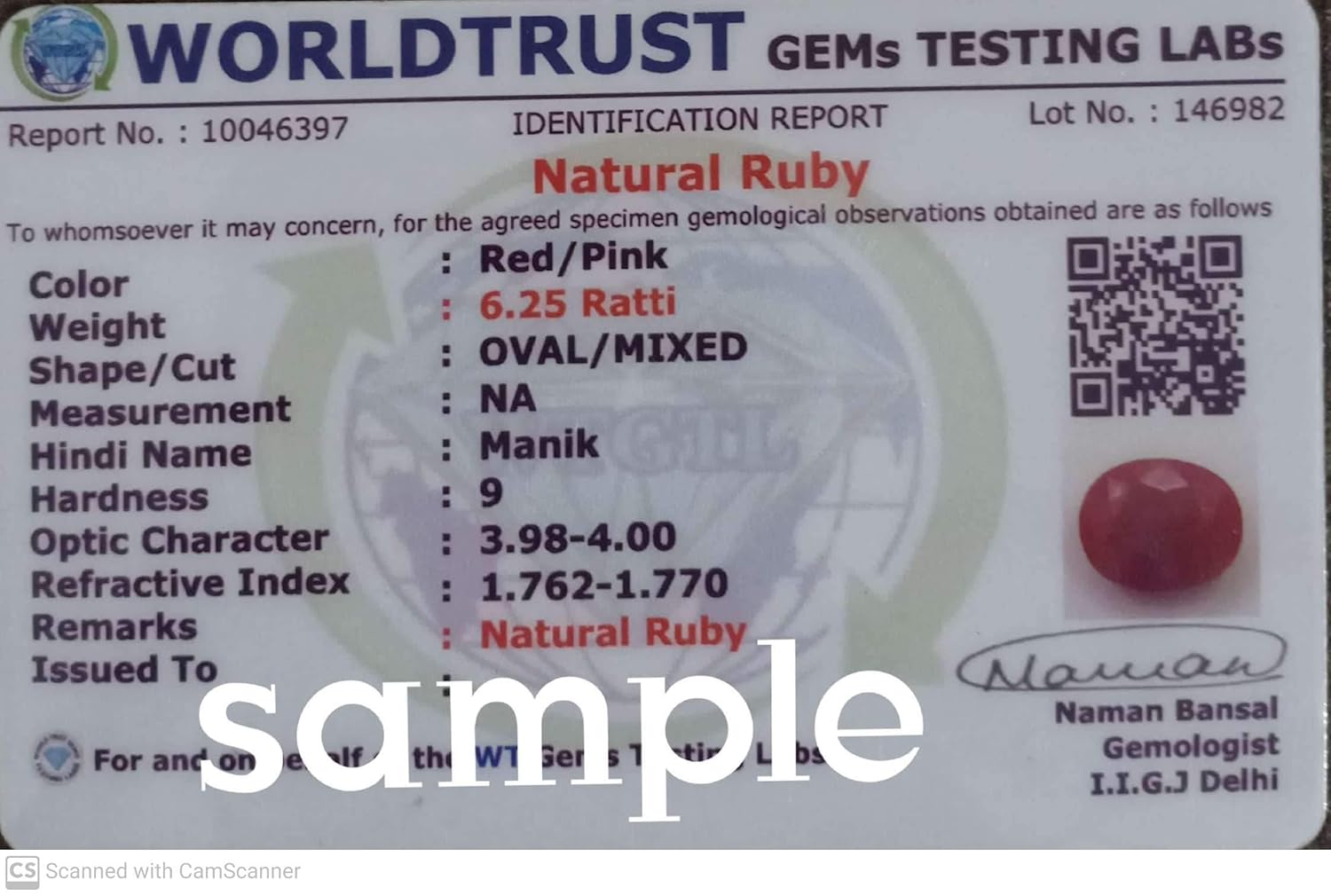 Anuj Sales Certified Natural Red Gemstone (MANIKYA/MANIK/MAANIK Stone) 2.25 Ratti Ruby for Men and Women