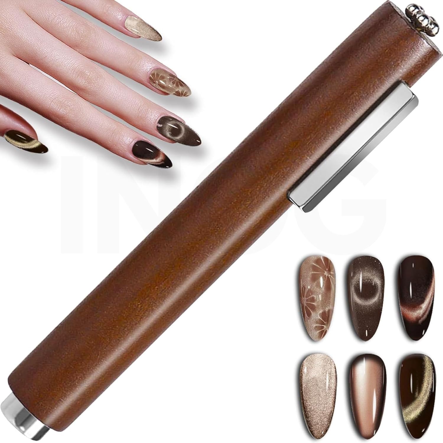 INOG 3 In 1 Nail Magnet, Multifunctional Cat Eye Gel Nail Polish Magnet with Octagonal Mahogany Shell Protective Cover for Cat Eye Nail Art Design (Black Walnut)(3 in 1 Nail Magnet Pen)