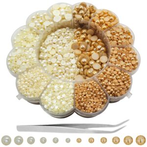 RelicMani Half Cut Round Flat Back Pearl Beads Set for Crafts & Jewellery Making | with Flower Shaped Organiser Box (Offwhite Rose Gold)