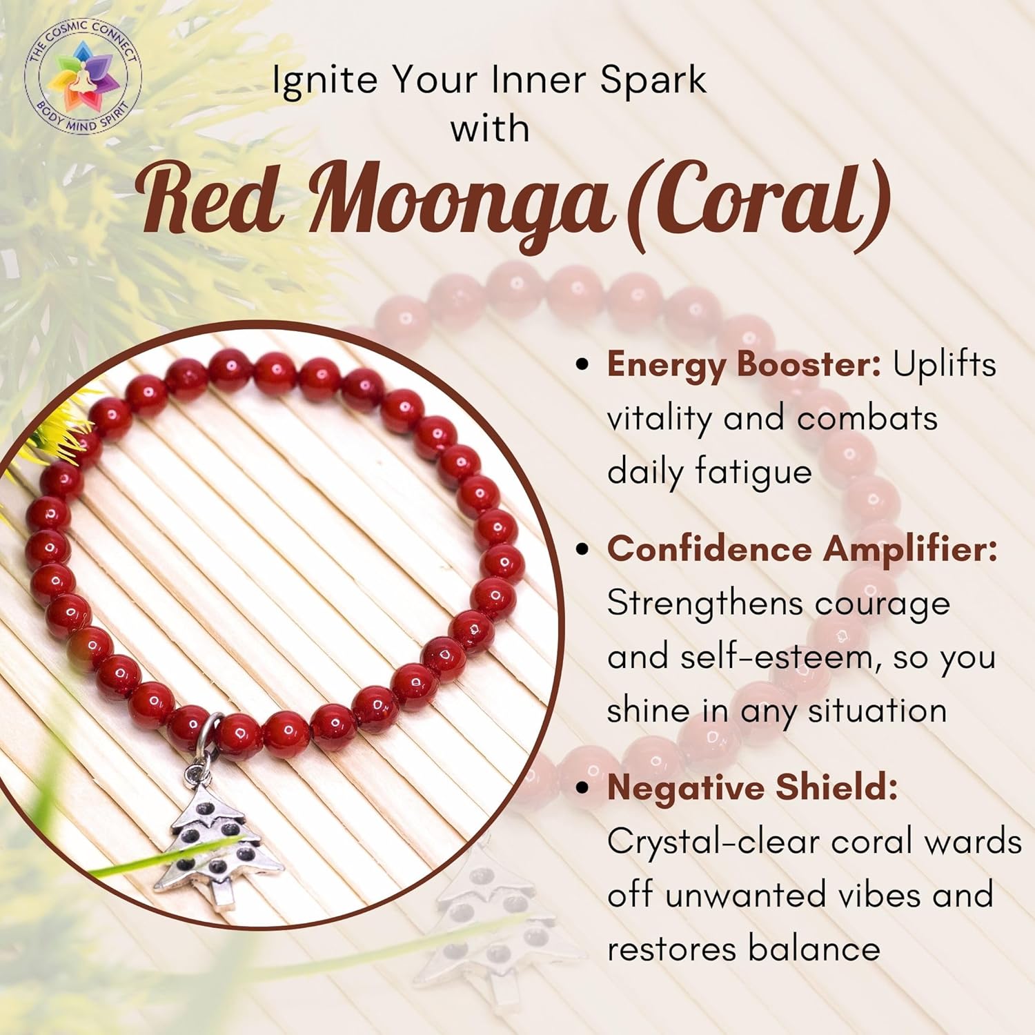 The Cosmic Connect Red Shell Coral Bead Bracelet 6mm – Root Chakra Energizer for Men & Women – Boosts Confidence, Strength & Vitality – Healing Energy Crystal Bracelet for Positive Aura - Image 4
