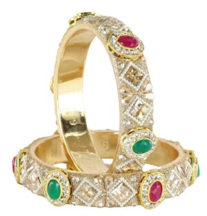 ZULKA Premium Golden Brass Metal Bangles Set For Women & Girls with Zircon Diamonds, White Moti & Beads Work | Traditional Girls Bangles | Designer Rajwadi Bridal Kangan For Wedding, Party- Set of 2