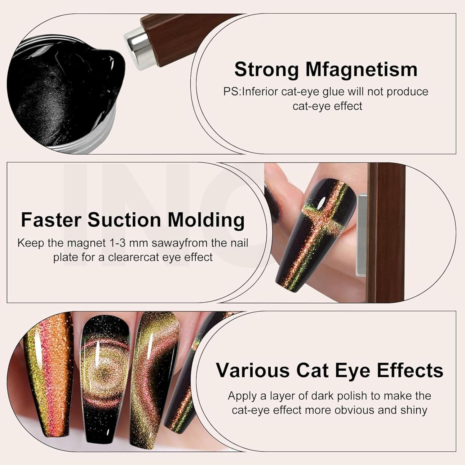 INOG 3 In 1 Nail Magnet, Multifunctional Cat Eye Gel Nail Polish Magnet with Octagonal Mahogany Shell Protective Cover for Cat Eye Nail Art Design (Black Walnut)(3 in 1 Nail Magnet Pen) - Image 4