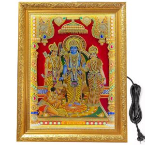 SIGNAMIO® Designer Handmade Stone Moti Work with Gold led Light Sculpture of 3D Lord Ram Darbar Wall Hanging Photo Frame with for Puja Room,Home,Office,Wall decoration-1pcs (23X18 Inch)